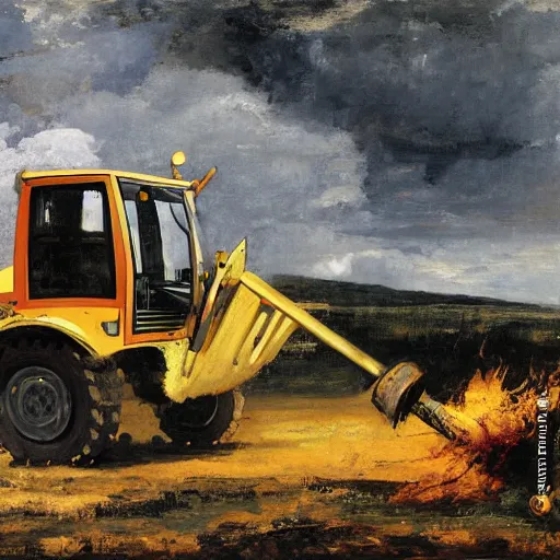 Prompt: gustave courbet painting of rob voltage cross laughing manically whilst driving a jcb digger through the gates of hell