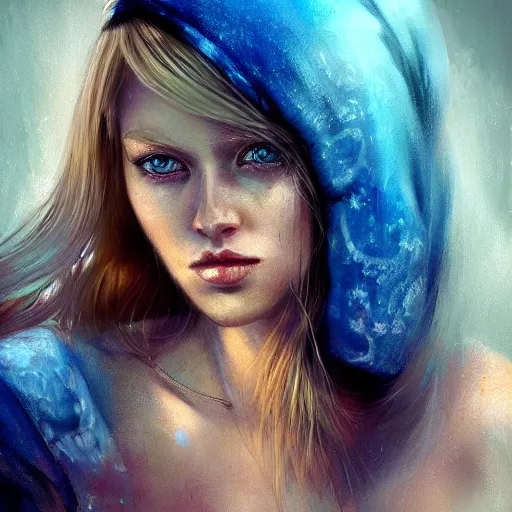 Image similar to painting of a woman, long blonde hair, blue eyes, by Bastien Lecouffe-Deharme colorful woman 4k very-detailed high-quality portrait, deviantart, artstation