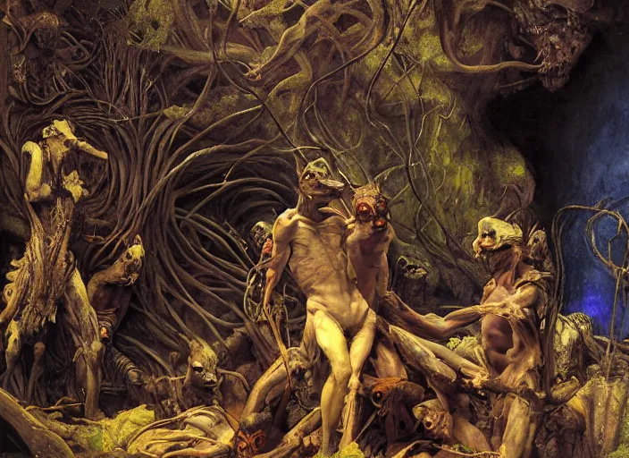 Prompt: underground cavern. snivelling canid humanoids ( 3'tall ). scaly skin ( rust coloured ). harvesting purple moss ( they brew it ).. edgar maxence and caravaggio and michael whelan and delacroix style, artistic, intricate painting, cinematic lighting, hyper realistic, extremely detailed, vivid colors, establishing shot, dramatic lighting.