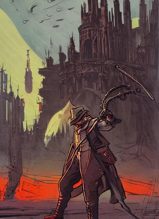 Prompt: a retrofuturism hunter from bloodborne in yharnam, style by retrofuturism, faded red and yelow, by malcolm smith, old comics in city, nicholas roerich