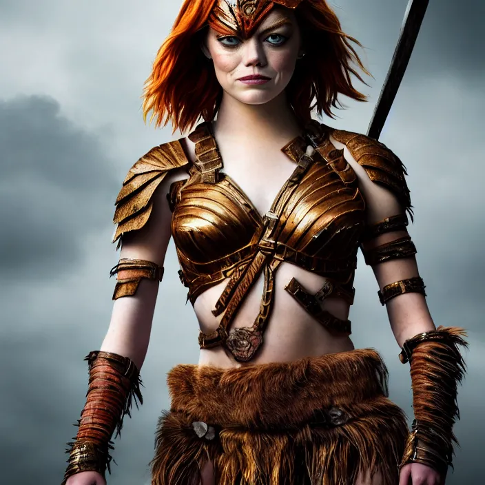 Image similar to professional full length photograph of emma stone as an amazon warrior. Extremely detailed. 8k