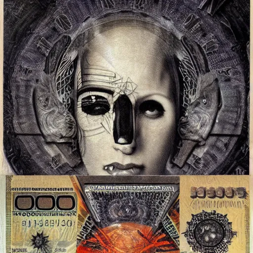 Image similar to post - punk new age album cover, asymmetrical design, dollar bank notes, capitalism, magic, apocalypse, psychedelic, black white pink, magic, giger h. r., giuseppe arcimboldo, peder aalto