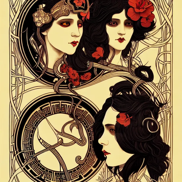 Image similar to stunning art nouveau print of 💂♀ 🪲 🤟 🥍 by stanley lau, 4 k, best on artstation, much wow, much detail