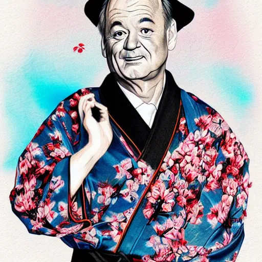 Image similar to bill murray, wearing kimono, by artgerm, cherry blossom falling, nagel