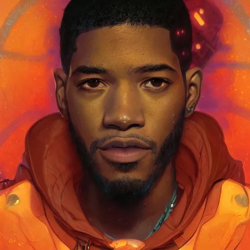 Image similar to scifi character portrait of Kid Cudi, dystopian mood, intricate, wild, highly detailed, digital painting, artstation, concept art, smooth, sharp focus, illustration, art by artgerm and greg rutkowski and alphonse mucha