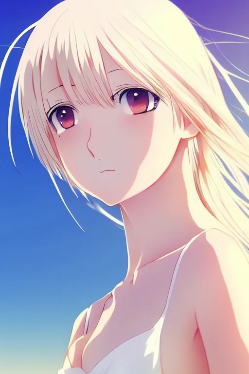 Image similar to anime art full body portrait character concept art, anime key visual of elegant young female, platinum blonde straight bangs and large eyes, finely detailed perfect face delicate features directed gaze, laying down in the sand at sunset at a beach trending on pixiv fanbox, studio ghibli, extremely high quality artwork