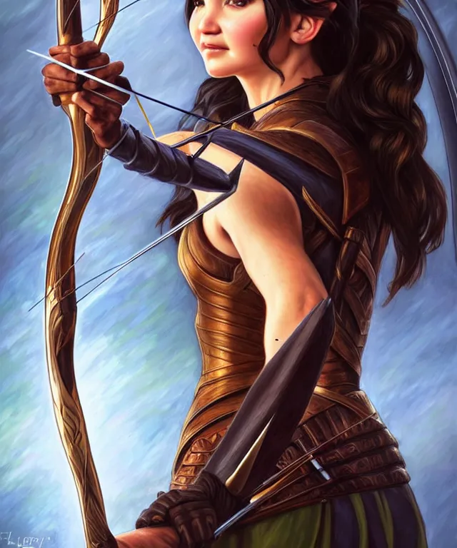 Image similar to katniss as a strong powerful angry fantasy elf with a bow and arrow, portrait, fantasy, intricate, elegant, highly detailed, digital painting, artstation, concept art, smooth, sharp focus, illustration, art by artgerm and larry elmore and alphonse mucha