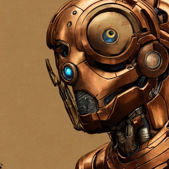 Prompt: portrait of a copper, nickel, bronze, and brass Ultron from Age of Ultron, clockwork steampunk, only head and chest, by Beksinski, trending on artstation, 4k
