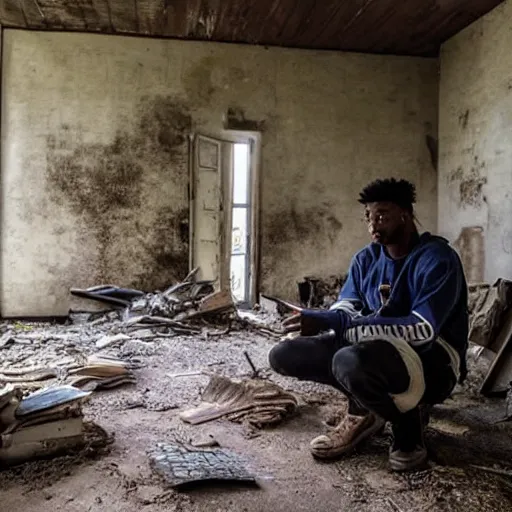 Prompt: 2 1 savage finds a dusty diary on the floor of an abandoned farmhouse, post apocalyptic