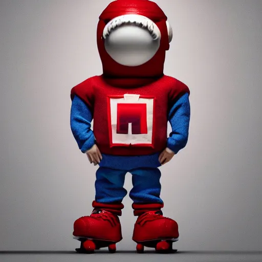 Image similar to eminem as the red m character standing on a floor coverd with m & m candies, round red m & m figure, m & m mascot, m & m figure, m & m plush, m & m candy dispenser, unreal engine, studio lighting, figurine, unreal engine, volumetric lighting, artstation, cosplay, by hans bellmer