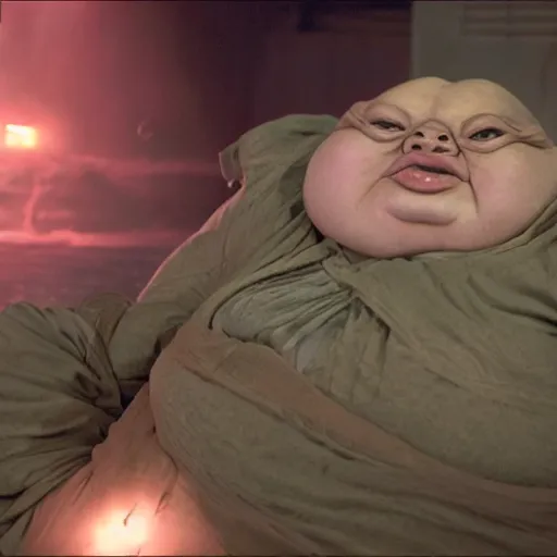 Prompt: young karen fisher as jabba the hut in star wars, 8k resolution, full HD, cinematic lighting, award winning, anatomically correct