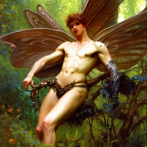 Image similar to attractive male fairy with wings in the forest, posing. highly detailed painting by gaston bussiere, craig mullins, j. c. leyendecker, 8 k