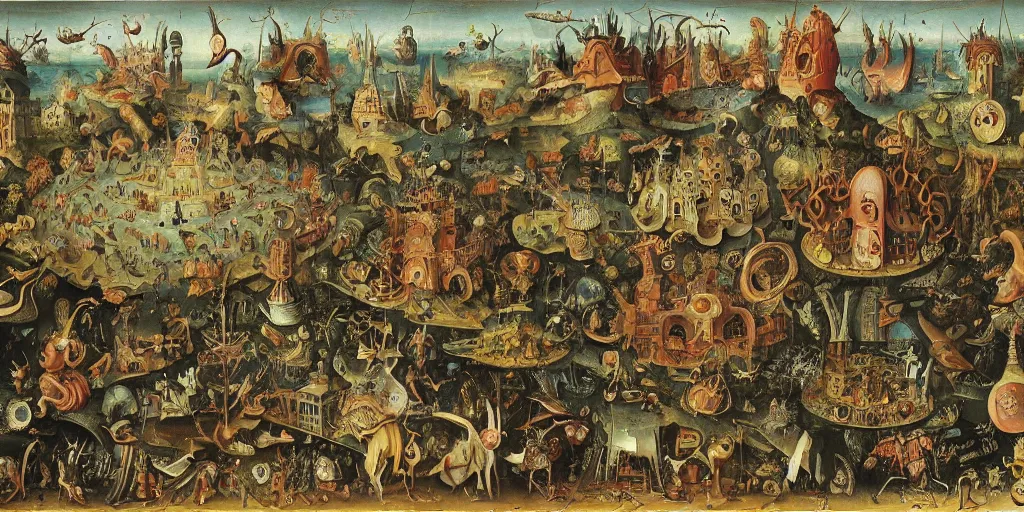 Prompt: wacky liminal funhouse megastructure in the style of heironymus bosch, intricate masterpiece, hyper detailed, hd