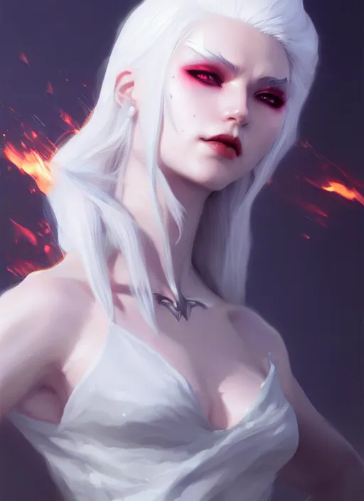 Prompt: a beautiful white haired pyromancer princess, league of legends arcane, intricate, elegant, highly detailed, digital painting, artstation, concept art, smooth, sharp focus, cyberpunk darksynth, 8 k, by ruan jia and ilya kuvshinov and krenz cushart