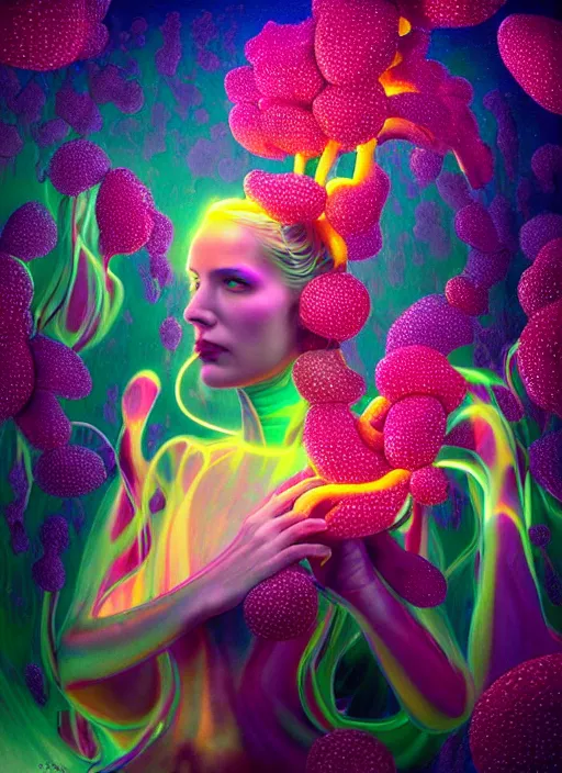 Image similar to hyper detailed 3d render like a Oil painting - Aurora (cyberpunk oil rainbow faced Singer) seen Eating of the Strangling network of yellowcake aerochrome and milky Fruit and Her delicate Hands hold of gossamer polyp blossoms bring iridescent fungal flowers whose spores black out the foolish stars by Jacek Yerka, Mariusz Lewandowski, Houdini algorithmic generative render, Abstract brush strokes, Masterpiece, Edward Hopper and James Gilleard, Zdzislaw Beksinski, Mark Ryden, Wolfgang Lettl, hints of Yayoi Kasuma, octane render, 8k