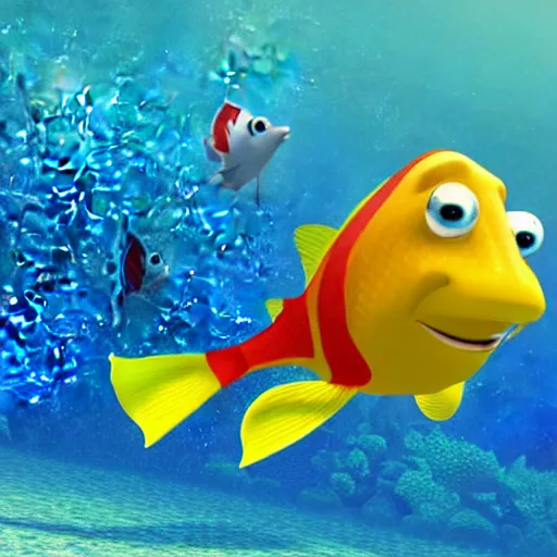 Prompt: a 3d render of two fish underwater, with a boat on top of the sea , in the style of a pixar cartoon, disney cartoon