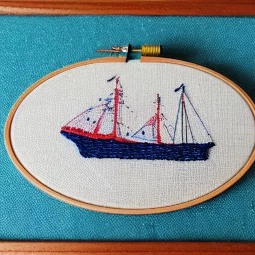 Image similar to a tiny beautiful handmade embroidery of a ship on the ocean. hand embroidery.