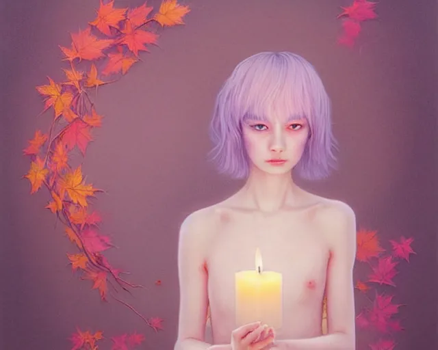 Image similar to highly detailed pastel colors painting of an symmetric ethereal witch with a candle, morphing into autumn leaves, by artgerm and hsiao - ron cheng, smooth composition, fine patterns and detail