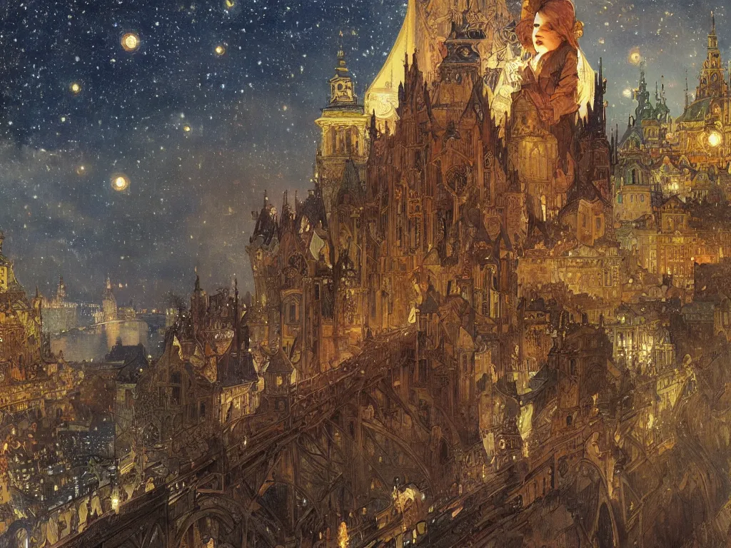 Prompt: a view from the river of prague at night with the sky full of stars, intricate, elegant, highly detailed, digital painting, artstation, concept art, smooth, sharp focus, colored illustration, art by krenz cushart and artem demura and alphonse mucha, anime wallpaper
