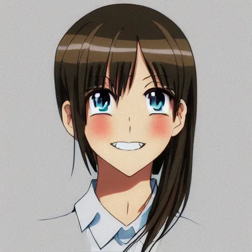 Prompt: A medium shot anime portrait of a happy light brown-haired brunette anime woman with blue eyes, hair tied back, a single short ponytail, parted light brown hair, bare forehead, blue-eyed, bright blue eyes, thick jawline, uniform teeth, big thick lips with a smirk, round face, big round nose, closed lips, wearing a t-shirt, solid blue background, by Stanley Artgerm Lau, WLOP, Rossdraws, James Jean, Andrei Riabovitchev, Marc Simonetti, and Sakimi chan, trending on artstation