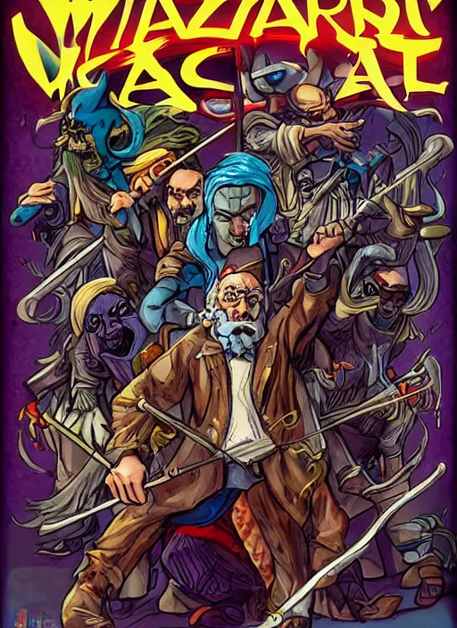 Prompt: a wizard character surrounded by many musical instruments, action, epic, comic book cover