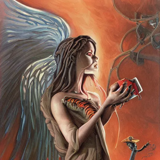 Image similar to painting in style of michael whelan, the dark angel of coffee