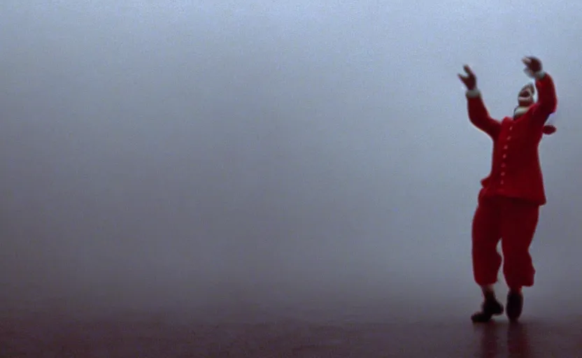 Image similar to cinematic shot of a happy juggling clown, moody scene from being john malcovich directed by charlie kaufman ( 2 0 0 1 ), foggy volumetric light morning, anamorphic lenses, kodak color film stock