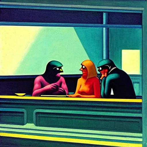 Prompt: “ nighthawks by edward hopper, but with aliens in the cafe.