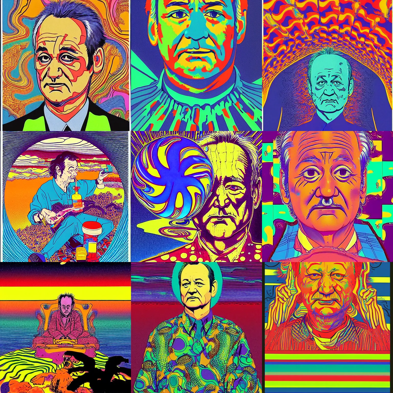 Prompt: LSD acid blotter art featuring Bill Murray, surreal psychedelic hallucination, screenprint by kawase hasui, moebius, colorful flat surreal design, artstation