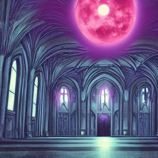 Image similar to large gothic hall with large eyes on the ceiling, horror movie, moonlight, artstation, detailed, colorfull, city pop