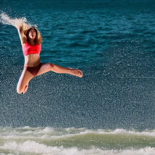 Image similar to woman jumping at water, fast shutter speed, high speed, action photo, 1 / 1 0 0 0 sec shutter