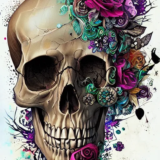 Image similar to a skull with floral accents by android jones