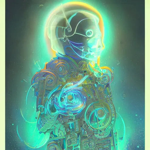 Image similar to intricate holographic ghost in the machine pices fish made of microcircuitry and transistors in a glowing deap sea by peter mohrbacher and dan mumford, trending on artstation, cgsociety 4 k