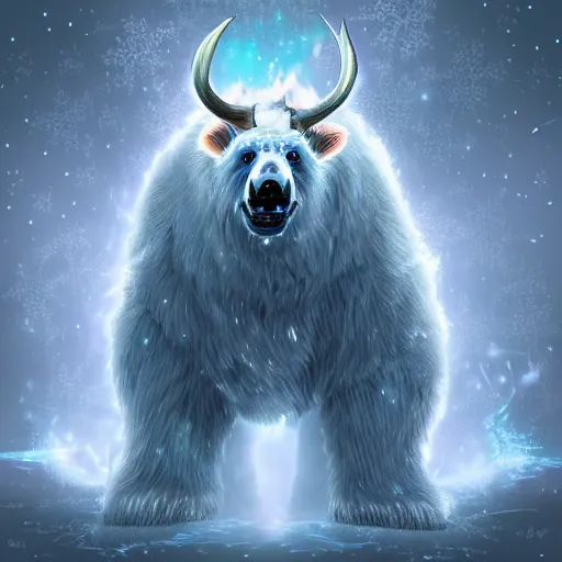 Prompt: epic frost bear, flaming horns, bright red eyes, insanity, long shot angle, despair, highly detailed digital art