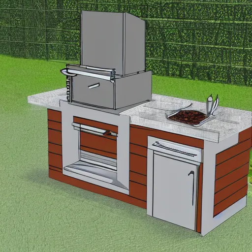 Image similar to new concept for small outdoor kitchen design with grill and pizza oven, designer pencil sketch, HD resolution