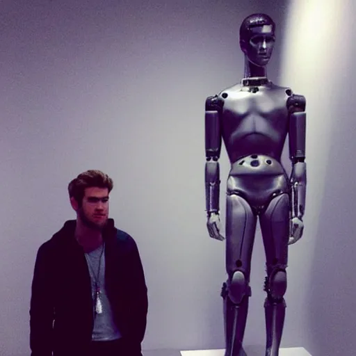 Image similar to “a realistic detailed photo of a guy who is an attractive humanoid who is half robot and half humanoid, who is a male android, actor Liam Hemsworth, shiny skin, posing like a statue, blank stare, at the museum, on display”