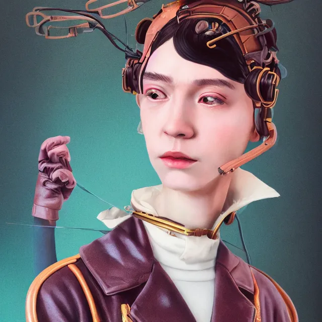 Image similar to highly detailed portrait of androgynous girl wearing bakelite leather jacket, bakelite rocky mountains, japanese haunted forest, by hsiao - ron cheng and artgerm, modular synthesizer helmet backpack, the grand budapest hotel, glow, no crop, digital art, artstation, pop art