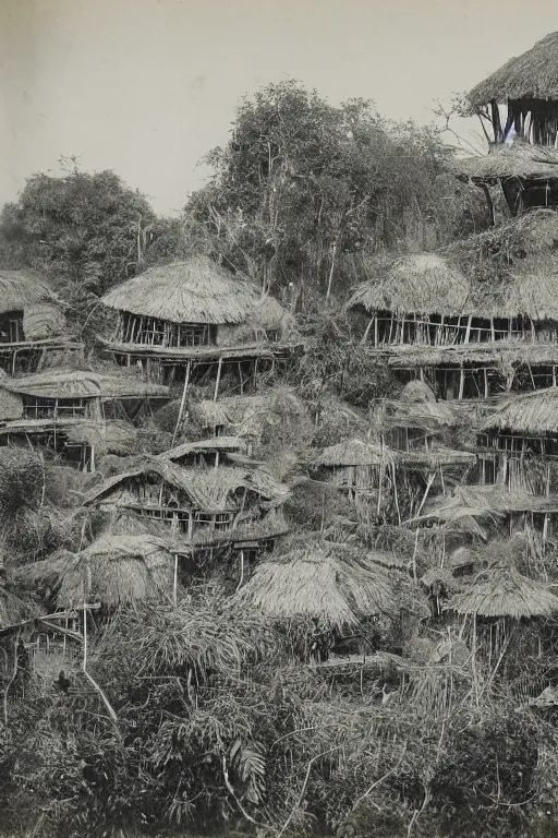 Prompt: long and tall organic houses, village, jungle, black and white photography, year 1 9 0 0