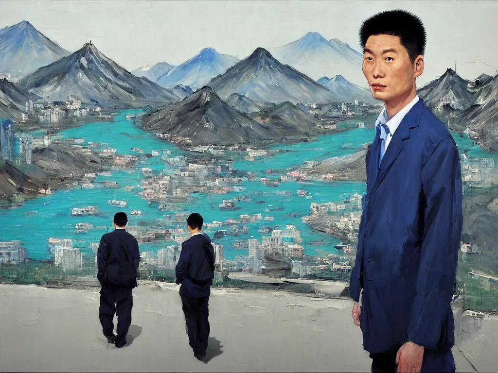 Prompt: ‘The Center of the World’ (Liu Xiaodong realist oil painting, large thick messy colorful brushstrokes, office worker back of head, next to a blue river and mountains) was filmed in Beijing in April 2013 depicting a white collar office worker. A man in his early thirties – the first single-child-generation in China. Representing a new image of an idealized urban successful booming China.