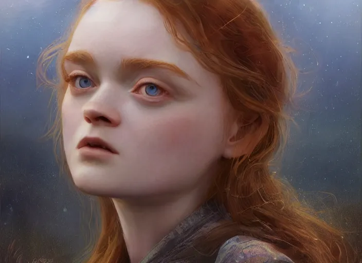 Image similar to sadie sink the real god, watching the earth. epic cinematic hyperrealism masterpiece. realistic poster with shaded lighting by craig mallismo, artgerm, jeremy lipkin and michael garmash, unreal engine, radiant light, detailed and complex environment, octane photoreal 3 d render, art station trends