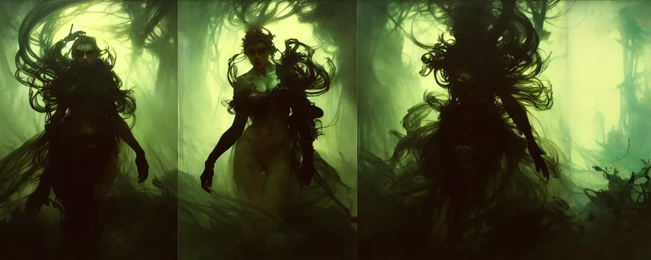 Image similar to several renditions of Stańczyk by Jan Matejko, intricate concept art, ethereal, ominous, dramatic lighting, Ruan Jia and Jeremy Mann and Alphonse Mucha