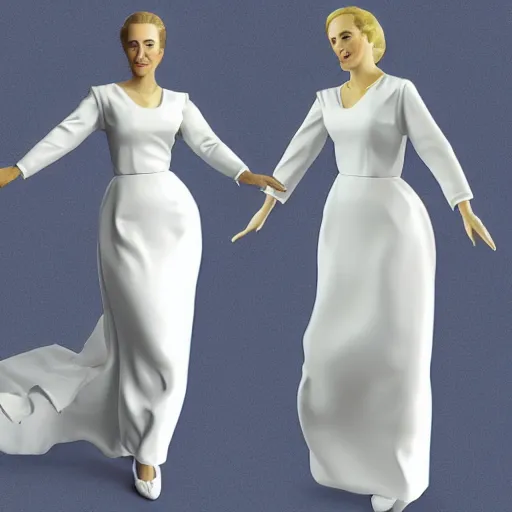 Prompt: 3D model of Eva Peron with her arms raised, wearing a white Christian Dior dress, from a 1995 PlayStation game