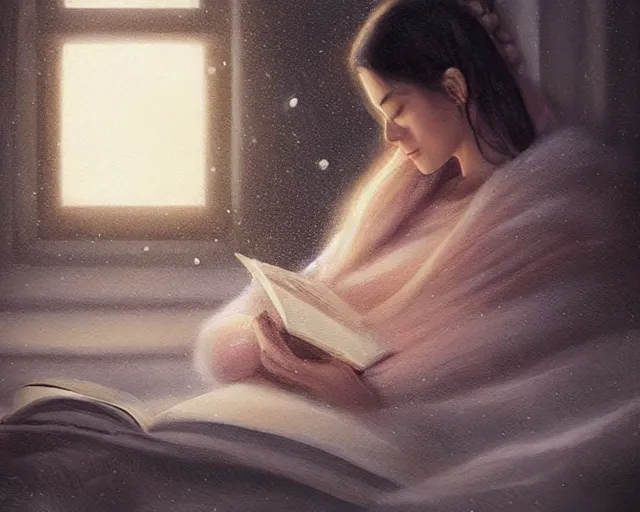 Prompt: a realistic beautiful warm matte painting of a woman curled up with a blanket reading a good book next to her friendly cat who is purring with eyes closed. they are both sitting next to a window as the sun sets in winter, by ross tran, trending on artstation