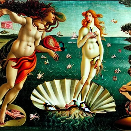 Image similar to birth of venus all people are frogs in the style botticelli, 8 k, oil painting,