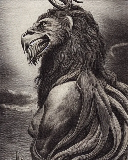 Image similar to a creature with the body and eyes of a man, with the beak of an eagle, the mane of a lion, and the horns of an ox. drawn by jean delville