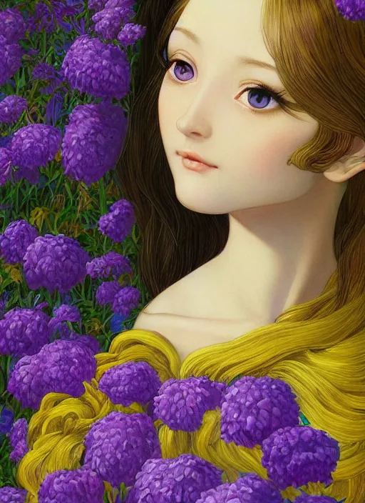 Image similar to elf girl wearing an flower suit, soft hair. light color palate, purple, yellow and white. detailed soft painting, ayami kojima, made in abyss, anatomically correct, ilya kuvshinov, inspired in balthus, high detailed face anime, vogue magazine, glorious composition, mobile wallpaper, mona lisa