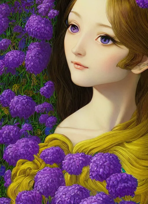 Prompt: elf girl wearing an flower suit, soft hair. light color palate, purple, yellow and white. detailed soft painting, ayami kojima, made in abyss, anatomically correct, ilya kuvshinov, inspired in balthus, high detailed face anime, vogue magazine, glorious composition, mobile wallpaper, mona lisa