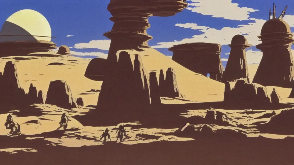 Prompt: film still tatooine landscape Star Wars a new hope 1977 studio ghibli animation