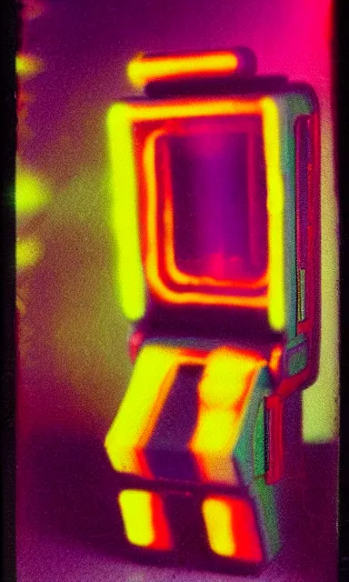 Prompt: colorful chromatic abberation, 9 0 s toy commercial, photo from the 7 0 s, horror lighting, neon lighting, polaroid photo,