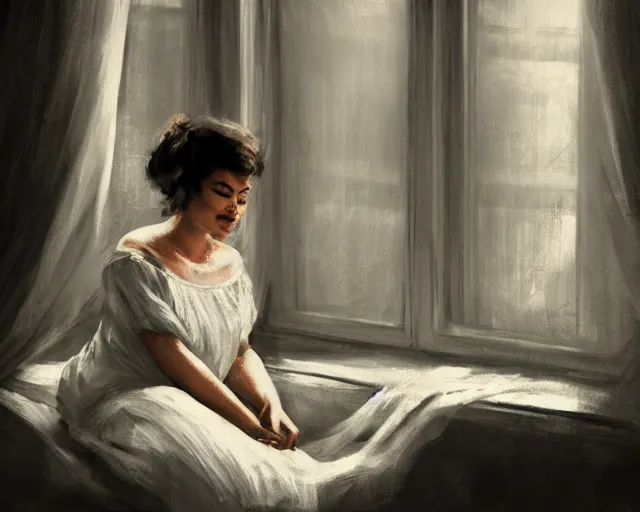 Prompt: a relaxed smiling woman in a soft night gown sitting with her eyes closed on a loose pile of soft fabrics infront of a window with the blinds drawn shut. there is a flower vase near her. by richard s. johnson, trending on deviantart